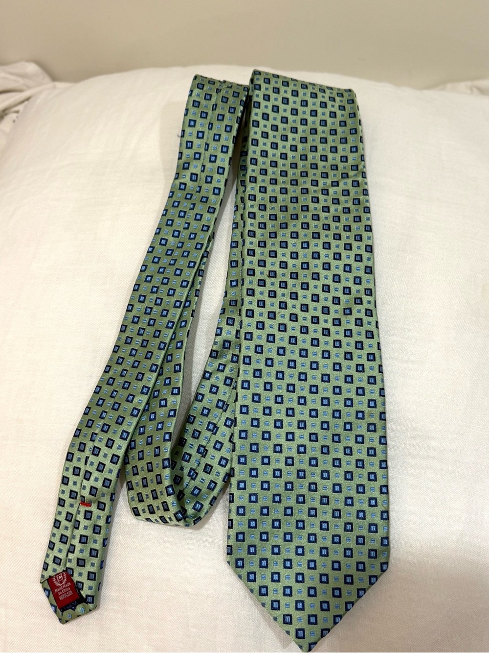 Chaps Green Silk Tie with Blue Square Motif